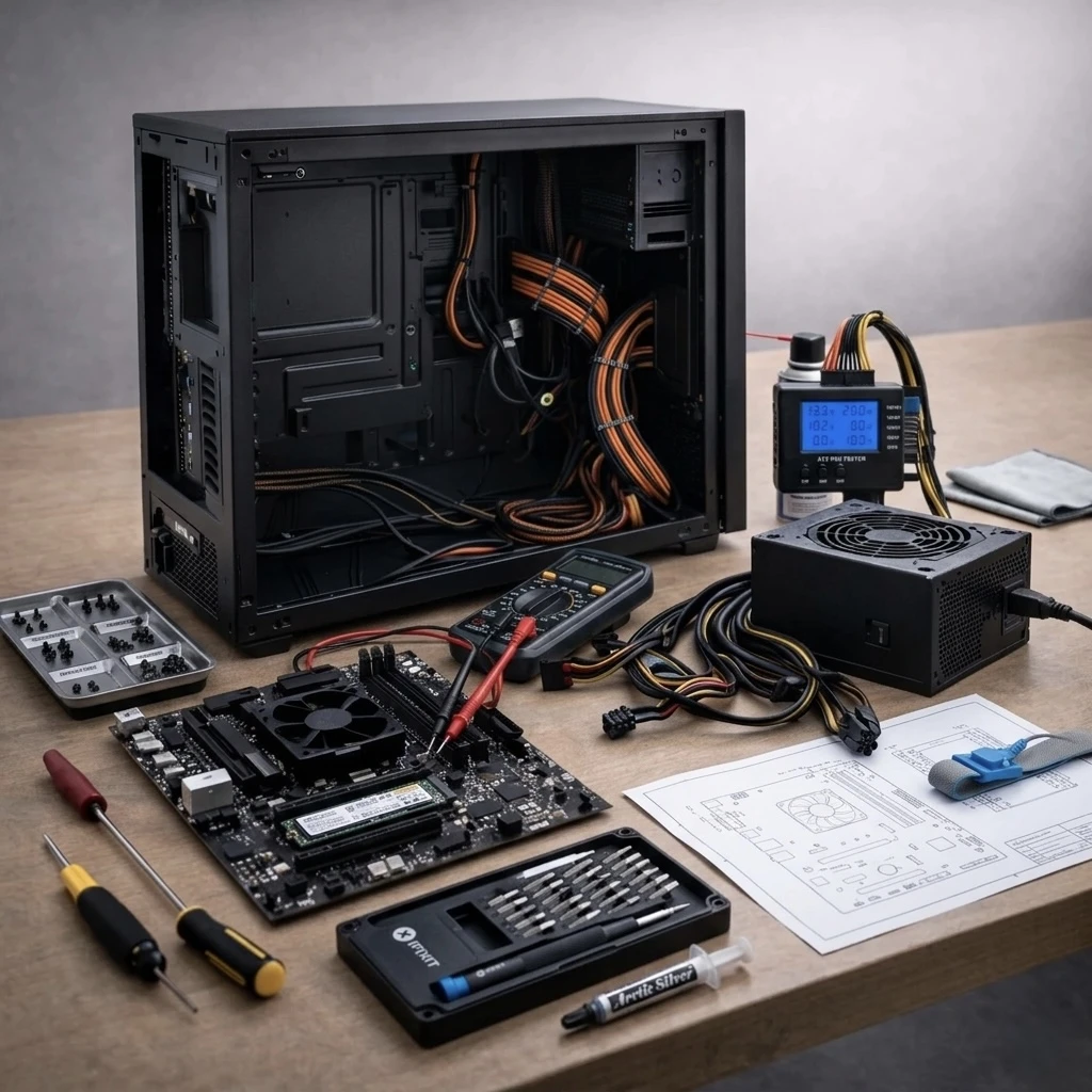 Laptop being repaired on a clean workbench in a small office environment